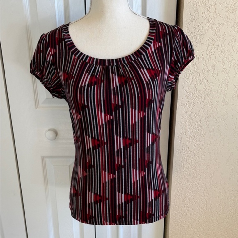 Worthington Short Sleeve Top - Red and Black Geometric Stripes